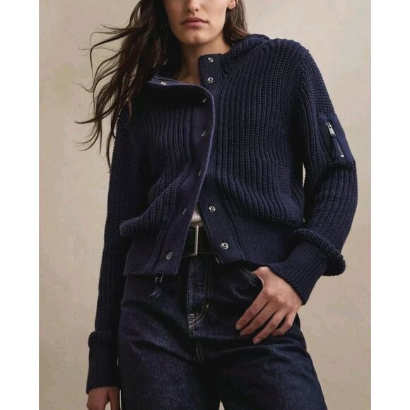 BANANA REPUBLIC Varo Ribbed Zip Crop Hooded Sweater Bomber XS Navy #509216-01 - Picture 1 of 13